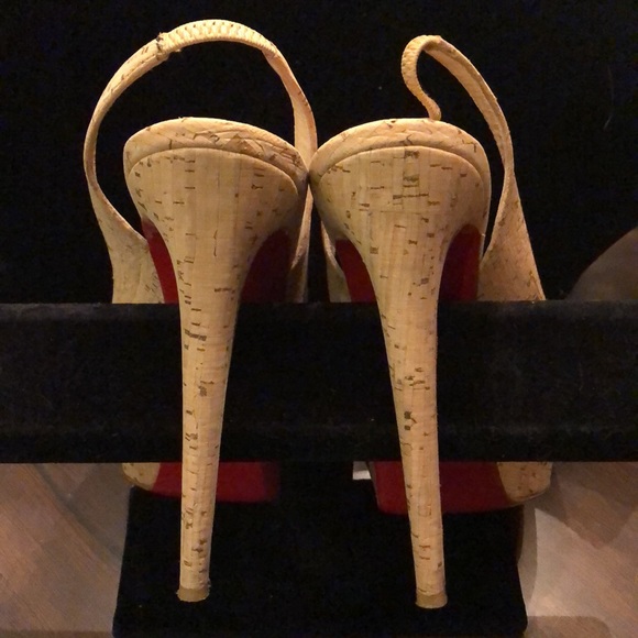 ❤️ Christian Louboutin Stiletto Red soles platform cork, stretch strap heels - Picture 6 of 12